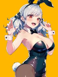 Rule 34 | 1girl, animal ears, black bow, black bowtie, black hairband, black leotard, black pantyhose, black ribbon, bow, bowtie, breasts, covered navel, cowboy shot, detached collar, fake animal ears, fake tail, girls&#039; frontline, grey hair, hair ribbon, hairband, highleg, highleg leotard, highres, large breasts, leotard, open mouth, orange background, pantyhose, playboy bunny, rabbit ears, rabbit tail, red eyes, ribbon, simple background, solo, spas-12 (girls&#039; frontline), standing, strapless, strapless leotard, tail, traditional bowtie, wrist cuffs, yu 416416