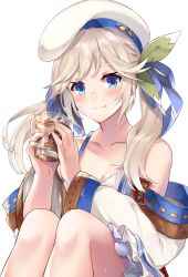Rule 34 | 1girl, bare shoulders, beret, blonde hair, blue eyes, blush, breasts, cleavage, cucouroux (granblue fantasy), drink, glass, granblue fantasy, hair ribbon, hat, highres, ice, ice cube, long hair, looking at viewer, medium breasts, off shoulder, panda inu, ribbon, sitting, smile, solo, sweat, twintails, white background
