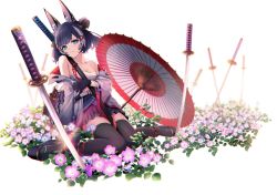 Rule 34 | 1girl, animal ear fluff, animal ears, ankle lace-up, aqua eyes, arm at side, armor, between legs, black gloves, black hair, black skirt, black thighhighs, blurry, breasts, cleavage, closed mouth, clothes lift, cross-laced footwear, deca purio, depth of field, double bun, field, flower, flower field, geta, gloves, hair bun, hair ornament, head tilt, japanese armor, katana, light smile, long sleeves, looking at viewer, miniskirt, multicolored hair, off shoulder, oil-paper umbrella, open clothes, original, planted, planted sword, planted umbrella, planted weapon, platform footwear, pleated skirt, ribbon-trimmed sleeves, ribbon trim, sarashi, sheath, sheathed, short hair, shoulder armor, sidelocks, sitting, skirt, skirt lift, smile, sode, solo, streaked hair, swept bangs, sword, thighhighs, umbrella, unsheathed, wariza, weapon, white background, white hair, x hair ornament, zettai ryouiki