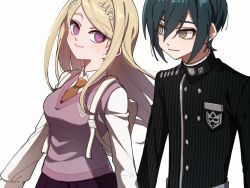 Rule 34 | 1boy, 1girl, akamatsu kaede, backpack, bag, black hair, black jacket, blonde hair, blush, breast pocket, brown eyes, brown necktie, buttons, cheeseko, closed mouth, danganronpa (series), danganronpa v3: killing harmony, double-breasted, fortissimo, hair between eyes, hair ornament, jacket, long hair, long sleeves, looking at another, musical note, musical note hair ornament, necktie, pink sweater vest, pocket, saihara shuichi, shirt, simple background, smile, striped clothes, striped jacket, sweater vest, white background, white shirt