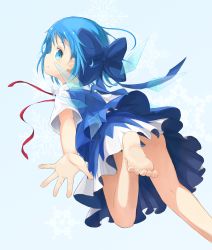 Rule 34 | 1girl, bare legs, barefoot, blue dress, blue eyes, blue hair, bow, cirno, convenient leg, dress, feet, gradient background, hair bow, highres, hoshifune, ice, ice wings, matching hair/eyes, shirt, short sleeves, smile, solo, touhou, upskirt, wings