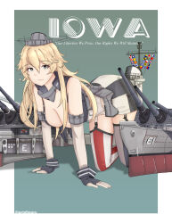 Rule 34 | 1girl, absurdres, all fours, bananamaru, blonde hair, blue eyes, breasts, character name, cleavage, commentary, elbow gloves, english commentary, english text, fingerless gloves, gloves, hair between eyes, hat, headgear, highres, iowa (kancolle), kantai collection, large breasts, long hair, looking at viewer, mixed-language commentary, smile, solo, star-shaped pupils, star (symbol), symbol-shaped pupils, turret, twitter username