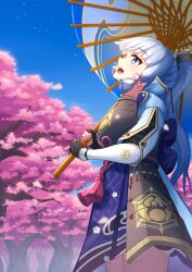 Rule 34 | 1girl, absurdres, armor, ayaka (genshin impact), back bow, black gloves, blue bow, blue eyes, blue hair, blue hakama, blue sky, bow, breastplate, cherry blossoms, commentary request, from side, genshin impact, gloves, hair ribbon, hakama, highres, holding, holding umbrella, japanese clothes, light blue hair, looking up, mole, mole under eye, oil-paper umbrella, open mouth, outdoors, partially fingerless gloves, ponytail, red ribbon, ribbon, riore (0808), sky, smile, solo, teeth, tree, tress ribbon, umbrella, upper body, upper teeth only