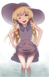 Rule 34 | 10s, 1girl, 1nilla&#039;, :d, blonde hair, blunt bangs, braid, collarbone, creatures (company), dress, eyebrows, female focus, flat chest, game freak, hat, holding, holding clothes, holding dress, lillie (pokemon), long hair, looking at viewer, nintendo, one eye closed, open mouth, pokemon, pokemon sm, simple background, sleeveless, sleeveless dress, smile, solo, standing, sun hat, twin braids, wading, water, wet, wet clothes, white background, yellow eyes