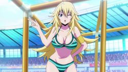 Rule 34 | 1girl, anime screenshot, bikini, blonde hair, blowing kiss, blue eyes, breasts, cleavage, crowd, hand on own hip, highres, keijo!!!!!!!!, kusakai mio, large breasts, leaning forward, long hair, looking at viewer, navel, one eye closed, striped bikini, striped clothes, swimsuit, wink