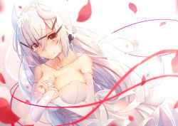 Rule 34 | 1girl, blush, breasts, bridal gauntlets, brown eyes, choker, cleavage, collarbone, crying, crying with eyes open, dress, dsmile, floating hair, flower, hair between eyes, hair flower, hair ornament, hairclip, highres, horns, jewelry, large breasts, long hair, original, red petals, red ribbon, ribbon, ring, shiny skin, silver hair, sleeveless, sleeveless dress, solo, strapless, tears, very long hair, wedding dress, white dress, white flower