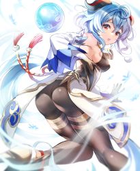 Rule 34 | 1girl, ahoge, ass, bare shoulders, bell, black gloves, black pantyhose, blue hair, blush, boba, bodystocking, breasts, detached sleeves, dress, elbow gloves, ganyu (genshin impact), genshin impact, gloves, highres, horns, large breasts, long hair, looking at viewer, looking back, open mouth, orb, pantyhose, red eyes, solo, thighs, white dress
