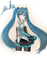 Rule 34 | 1girl, black thighhighs, blush, character name, detached sleeves, hatsune miku, highres, kazenoko, long hair, necktie, solo, thighhighs, twintails, very long hair, vocaloid