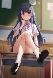 Rule 34 | 1girl, absurdres, black footwear, black skirt, blue hair, blush, bow, bowtie, child, classroom, collared shirt, commission, crossed legs, day, full body, furude rika, hair over shoulder, hand on own face, highres, higurashi no naku koro ni, indoors, loafers, long hair, looking at viewer, md5 mismatch, open mouth, pink bow, pixiv commission, pleated skirt, purple eyes, resolution mismatch, shirt, shoes, short sleeves, sidelocks, sira (user dswn7488), sitting, skirt, smile, socks, solo, source smaller, sunlight, teeth, white shirt, white socks