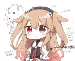 Rule 34 | 1girl, absurdres, ahoge, belt, beret, blush, bow, clothing cutout, detached sleeves, dog, hair bow, hair flaps, hair ornament, hairclip, hat, heterochromia, highres, jako (jakoo21), kantai collection, light brown hair, long hair, long sleeves, murasame (kancolle), remodel (kantai collection), school uniform, serafuku, shoulder cutout, translation request, two side up, undershirt, white background