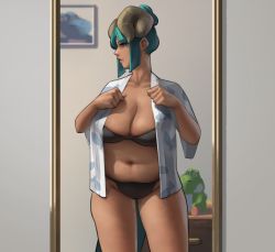 Rule 34 | 1girl, absurdres, aqua hair, belly, big belly, black panties, bra, breasts, cameo, cleavage, clenched hands, commentary, curled horns, dark-skinned female, dark skin, dressing, english commentary, hair bun, highres, horns, japanese clothes, large breasts, lips, looking afar, looking to the side, lysaris (steamedturnips), mario (series), meme, mirror, mole, mole under eye, navel, nintendo, nose, original, panties, parted lips, plump, short hair, single hair bun, solo, standing, steamedturnips, strapless, strapless bra, underwear, veins, veiny breasts, yoshi