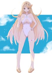 Rule 34 | 1girl, absurdres, bare shoulders, blonde hair, breasts, cleavage, commentary request, covered navel, earrings, full body, hand on own hip, highres, jewelry, large breasts, long hair, looking at viewer, mythra (xenoblade), one-piece swimsuit, standing, swept bangs, swimsuit, takumi (user xmwf4727), thighlet, tiara, very long hair, xenoblade chronicles (series), xenoblade chronicles 2, yellow eyes