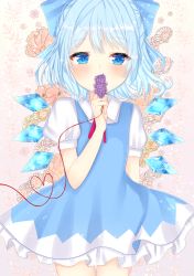 Rule 34 | 1girl, arm behind back, arm up, bad id, bad pixiv id, blue bow, blue dress, blue eyes, blue hair, blush, bow, cirno, commentary request, covering own mouth, cowboy shot, dress, floral background, flower, hair bow, highres, holding, holding flower, lavender (flower), looking at viewer, neck ribbon, nibosi, petticoat, pinafore dress, pink background, red ribbon, ribbon, shirt, short hair, short sleeves, sleeveless, sleeveless dress, solo, standing, string, string of fate, touhou, white shirt, wings