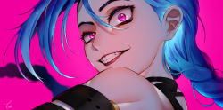 Rule 34 | 1girl, arcane: league of legends, bare shoulders, braid, from side, green hair, grin, hair between eyes, highres, jinx (league of legends), league of legends, long hair, looking at viewer, pink background, pink eyes, signature, smile, solo, teeth, tero (terotero3187), twin braids