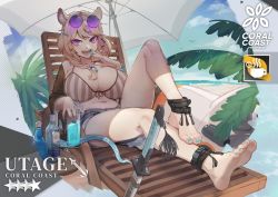 Rule 34 | 1girl, animal ears, arknights, barefoot, beach chair, beach umbrella, bikini, blue nails, blue shorts, braid, breasts, brown hair, brown jacket, character name, denim, denim shorts, fangs, feet, foreshortening, hair ornament, highres, huge breasts, jacket, k-rha&#039;s, knee up, long hair, looking at viewer, nail polish, navel, off shoulder, official alternate costume, open mouth, purple eyes, round eyewear, shorts, soles, solo, stomach, striped bikini, striped clothes, sunglasses, swimsuit, tail, toenail polish, toenails, toes, umbrella, utage (arknights), utage (summer flowers) (arknights), white bikini, x hair ornament