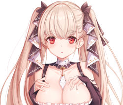 Rule 34 | 1girl, :o, azur lane, bad id, bad pixiv id, between breasts, black ribbon, blush, breasts, cleavage, collarbone, detached collar, formidable (azur lane), hair ribbon, highres, large breasts, long hair, looking at viewer, platinum blonde hair, red eyes, ribbon, simple background, solo, twintails, two-tone ribbon, upper body, white background, white ribbon, zhi yu (siro800102)
