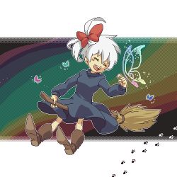 Rule 34 | .flow, 1girl, ^ ^, broom, broom riding, bug, butterfly, closed eyes, full body, bug, long hair, lowres, ponytail, sabitsuki, solo, white hair, witch