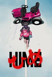 Rule 34 | absurdres, akira (manga), denied art, gloves, highres, himemiya rie, jacket, lawnmower, phase connect, pink jacket, poster parody, red gloves, road, twintails, virtual youtuber