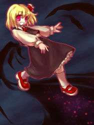 Rule 34 | 1girl, blonde hair, darkness, embodiment of scarlet devil, female focus, hair ribbon, mary janes, red eyes, ribbon, rumia, sankuma, shoes, short hair, slit pupils, solo, touhou