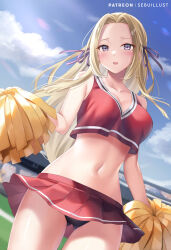 Rule 34 | 1girl, alternate costume, alternate hair color, black panties, blonde hair, blue sky, breasts, cheerleader, cleavage, cloud, collarbone, commentary request, cowboy shot, crop top, crop top overhang, day, edelgard von hresvelg, fire emblem, fire emblem: three houses, forehead, gluteal fold, hair ribbon, holding, holding pom poms, large breasts, long hair, midriff, miniskirt, navel, nintendo, open mouth, outdoors, panties, pantyshot, partial commentary, pleated skirt, pom pom (cheerleading), pom poms, purple eyes, purple ribbon, red shirt, red skirt, ribbon, sebu illust, shirt, skirt, sky, sleeveless, sleeveless shirt, solo, standing, stomach, thighs, underwear, upskirt, very long hair