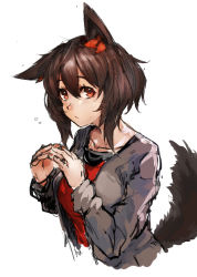 Rule 34 | ^^^, 1girl, :/, animal ears, brown hair, grey jacket, highres, jacket, looking at viewer, maido mido, open clothes, open jacket, orange eyes, original, red shirt, shiratan, shirt, simple background, sketch, solo, steepled fingers, tail, upper body, whiskers, white background