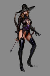 Rule 34 | 1girl, absurdres, arrow (projectile), artist name, black footwear, black gloves, black hat, black thighhighs, blue eyes, boots, bow (weapon), breasts, brown hair, c-juk, choi ji wuk, closed mouth, full body, gloves, grey background, hair over one eye, hat, head tilt, high heel boots, high heels, highres, holding, long hair, looking at viewer, medium breasts, original, realistic, simple background, solo, thigh boots, thighhighs, wavy hair, weapon