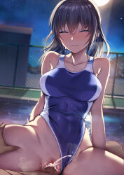 Rule 34 | 1girl, bare arms, bare shoulders, black hair, blue one-piece swimsuit, blush, censored, closed eyes, closed mouth, clothing aside, collarbone, commentary request, competition swimsuit, cum, cum in pussy, hetero, highres, medium hair, mosaic censoring, one-piece swimsuit, original, outdoors, pov, sex, smile, solo focus, spread legs, swimsuit, swimsuit aside, tsuki tokage, vaginal