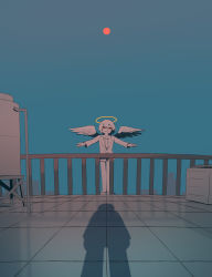 Rule 34 | 1boy, absurdres, angel wings, avogado6, blue sky, colored skin, commentary request, day, full moon, grin, halo, highres, imminent suicide, jacket, looking at viewer, moon, on roof, original, outdoors, outstretched arms, pants, pov, railing, red eyes, red moon, rooftop, shadow, sky, smile, spread arms, spread wings, suicide, white hair, white jacket, white pants, white skin, white wings, wings