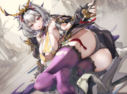 Rule 34 | 1girl, absurdres, arm armor, arm support, armored boots, ass, bare shoulders, boots, bracelet, breasts, chain, cleavage, clothing cutout, collar, commission, dutch angle, feet out of frame, grey background, grey hair, grey panties, hair ornament, high heels, highres, hip armor, holding, holding sword, holding weapon, jewelry, katana, large breasts, looking at viewer, neck ribbon, on ground, original, panties, parted lips, pixiv commission, purple ribbon, purple thighhighs, red eyes, ribbon, shoes, short hair, shoulder blades, sideboob, single shoe, sitting, solo, spiked bracelet, spiked collar, spikes, sword, tassel, thighhighs, torn clothes, torn thighhighs, turning head, underboob cutout, underwear, vest, weapon, xun li eins, yellow vest, yokozuwari