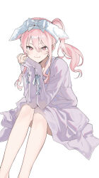 Rule 34 | 1other, akiyama mizuki, androgynous, commentary, cross-laced clothes, cross-laced sleeves, dress, feet out of frame, grey dress, hair between eyes, highres, looking at viewer, ohw8g, pink eyes, pink hair, project sekai, side ponytail, sidelocks, simple background, sitting, sleeves past wrists, smile, soshite ima ribbon wo musunde (project sekai), swept bangs, symbol-only commentary, white background