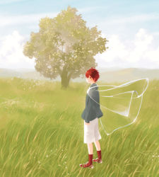 Rule 34 | 1boy, cape, cloud, day, full body, highres, looking at viewer, male focus, namito, original, pants, red hair, short hair, sky, solo, tree, white pants