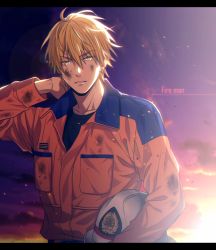 Rule 34 | 1boy, arm behind head, arm up, black shirt, blonde hair, cloud, collarbone, commentary request, dirty, dirty clothes, dirty face, dusk, earrings, embers, english text, fire helmet, firefighter, gradient sky, hair between eyes, helmet, holding, holding helmet, jacket, jewelry, kise ryouta, kuroko no basuke, lens flare, letterboxed, long sleeves, looking at viewer, male focus, mashima shima, orange jacket, parted lips, shirt, short hair, sky, solo, sun, sunlight, sunset, twitter username, upper body, yellow eyes