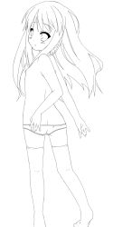 Rule 34 | 1girl, flat chest, greyscale, karaage3, lineart, long hair, looking back, monochrome, panties, solo, thighhighs, topless, underwear