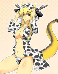 Rule 34 | 1girl, animal ears, animal hood, animal print, aoguu, bad id, bad pixiv id, black eyes, blonde hair, breasts, cleavage, cow print, dragon girl, dragon horns, dragon tail, futaba channel, halftone, halftone background, hood, horns, kouryuu (nijiura maids), large breasts, long hair, looking at viewer, monster girl, navel, nijiura maids, no bra, open clothes, panties, pointy ears, solo, tail, thick thighs, thighs, underwear