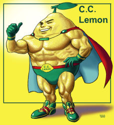 Rule 34 | 1boy, c.c. lemon, c.c. lemon (character), cape, character name, colored skin, dated, food, fruit, full body, gloves, hand on own hip, lemon, male focus, manly, matataku, muscular, one eye closed, outside border, personification, shoes, signature, simple background, smile, sneakers, solo, standing, thumbs up, topless male, wink, yellow background, yellow skin, yellow theme