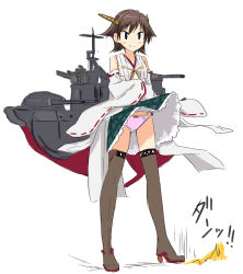 Rule 34 | 10s, 1girl, abe kanari, blush stickers, brown hair, clothes lift, crossed arms, detached sleeves, hairband, hiei (kancolle), japanese clothes, kantai collection, miko, no legwear, panties, personification, plaid, plaid skirt, short hair, skirt, skirt lift, solo, thighhighs, underwear, wind, wind lift