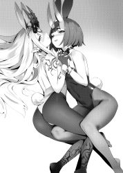 Rule 34 | 2girls, absurdres, animal ears, ass, earrings, fake animal ears, fate/grand order, fate (series), gradient background, greyscale, highres, holding hands, horns, ibaraki douji (fate), interlocked fingers, jewelry, leotard, long hair, looking at viewer, monochrome, multiple girls, oni, pantyhose, playboy bunny, pointy ears, rabbit ears, rabbit tail, scan, short hair, shuten douji (fate), simple background, skin-covered horns, strapless, strapless leotard, tail, tattoo, wrist cuffs, yd (orange maru)