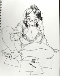 Rule 34 | &gt; &lt;, 1girl, bra, breasts, cat hair ornament, cleavage, commentary, full body, glasses, hair ornament, highres, holding, holding pen, huge breasts, monochrome, nib pen (medium), nib pen (object), open clothes, open shirt, original, panties, paper, pen, photo (medium), poch4n, ponytail, sitting, solo, sweatdrop, timid office lady (poch4n), traditional media, underwear