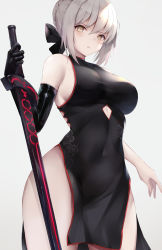 Rule 34 | 1girl, absurdres, artoria pendragon (all), artoria pendragon (fate), bare shoulders, black dress, black gloves, blonde hair, blush, braid, breasts, china dress, chinese clothes, dress, elbow gloves, excalibur morgan (fate), fate (series), french braid, gloves, highres, holding, holding sword, holding weapon, kisaki oni, large breasts, long hair, looking at viewer, pelvic curtain, saber alter, side slit, sword, thighs, weapon, yellow eyes
