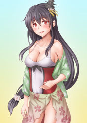 Rule 34 | 1girl, anti (untea9), aqua background, cowboy shot, fusou (kancolle), gradient background, hair between eyes, highres, kantai collection, long hair, looking at viewer, official alternate costume, one-piece swimsuit, red one-piece swimsuit, solo, swimsuit, twitter username, white one-piece swimsuit, yellow background