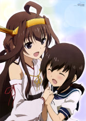 Rule 34 | 10s, 2girls, :d, ^ ^, absurdres, ahoge, brown eyes, brown hair, closed eyes, detached sleeves, closed eyes, fubuki (kancolle), hair between eyes, headband, highres, holding hands, ibata shouta, kantai collection, kantai collection (anime), kongou (kancolle), multiple girls, nontraditional miko, nyantype, official art, open mouth, school uniform, serafuku, smile