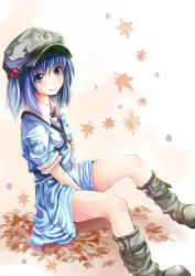 Rule 34 | 1girl, blue eyes, blue hair, blush, boots, canae0, female focus, flower, hair bobbles, hair ornament, hat, kawashiro nitori, key, leaf, maple leaf, matching hair/eyes, ponytail, short hair, sitting, skirt, smile, solo, thighs, touhou, twintails, two side up