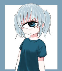 Rule 34 | 1girl, blue border, blue eyes, blue hair, blue shirt, border, closed mouth, cyclops, kuronyankokko, looking at viewer, one-eyed, original, outside border, shirt, short hair, short sleeves, simple background, smile, solo, twintails, upper body, white background