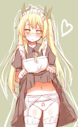 Rule 34 | 1girl, apron, blonde hair, blush, clothes lift, dress, dress lift, garter straps, long hair, maid, maid apron, maid headdress, michu love, navel, original, panties, simple background, solo, thighhighs, twintails, underwear, white panties, white thighhighs, yellow eyes