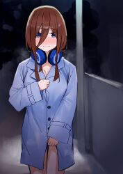 Rule 34 | 1girl, amog, blue coat, blue eyes, blush, breasts, brown hair, buttons, cleavage, closed mouth, coat, go-toubun no hanayome, hair between eyes, headphones, headphones around neck, highres, large breasts, long hair, long sleeves, looking at viewer, nakano miku, outdoors, solo, standing