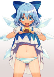 Rule 34 | 1girl, blue bow, blue dress, blue eyes, blue hair, bow, cirno, clothes lift, cowboy shot, dress, dress lift, flower, hair bow, hidden star in four seasons, ice, ice wings, lifted by self, looking at viewer, mero (usamero), navel, open mouth, panties, puffy short sleeves, puffy sleeves, short hair, short sleeves, smile, solo, striped clothes, striped panties, sunflower, tan, tanned cirno, touhou, underwear, wings