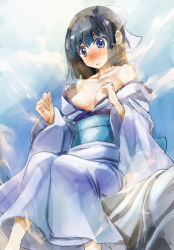Rule 34 | 1girl, bare shoulders, black hair, blue eyes, blush, breasts, character request, commentary request, hair ribbon, japanese clothes, kimono, off shoulder, open mouth, ribbon, sitting, solo, wide sleeves, yohane