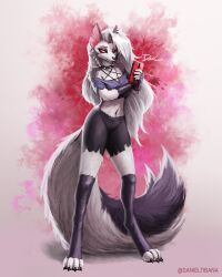 Rule 34 | 1girl, animal ears, breasts, cellphone, collar, colored sclera, daniel tibana, fingerless gloves, full body, furry, furry female, gloves, helluva boss, highres, long hair, loona (helluva boss), medium breasts, navel, pentagram, phone, piercing, red sclera, snout, solo, spiked collar, spikes, standing, tail, thighhighs, very long tail, white fur, wolf ears, wolf girl, wolf tail