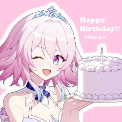 Rule 34 | 1girl, bare shoulders, birthday, birthday cake, blue eyes, blue hair, cake, candle, chi ka, chinese commentary, colored tips, commentary, english text, food, highres, honkai: star rail, honkai (series), looking at viewer, march 7th (dress) (honkai: star rail), march 7th (honkai: star rail), medium hair, multicolored hair, official alternate costume, one eye closed, open mouth, outline, pink background, pink eyes, pink hair, smile, solo, teeth, tiara, upper teeth only, white outline
