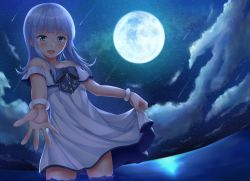 Rule 34 | 1girl, anchor symbol, blue hair, bow, bracelet, cloud, cloudy sky, collarbone, comet, cosplay, cowboy shot, dress, full moon, hatsukaze (kancolle), hime cut, jewelry, kantai collection, lips, long hair, looking at viewer, moon, night, night sky, ocean, open mouth, outdoors, partially submerged, piyobomu, sky, star (sky), starry sky, sundress, water, white dress, yukikaze (kancolle), yukikaze (kancolle) (cosplay)